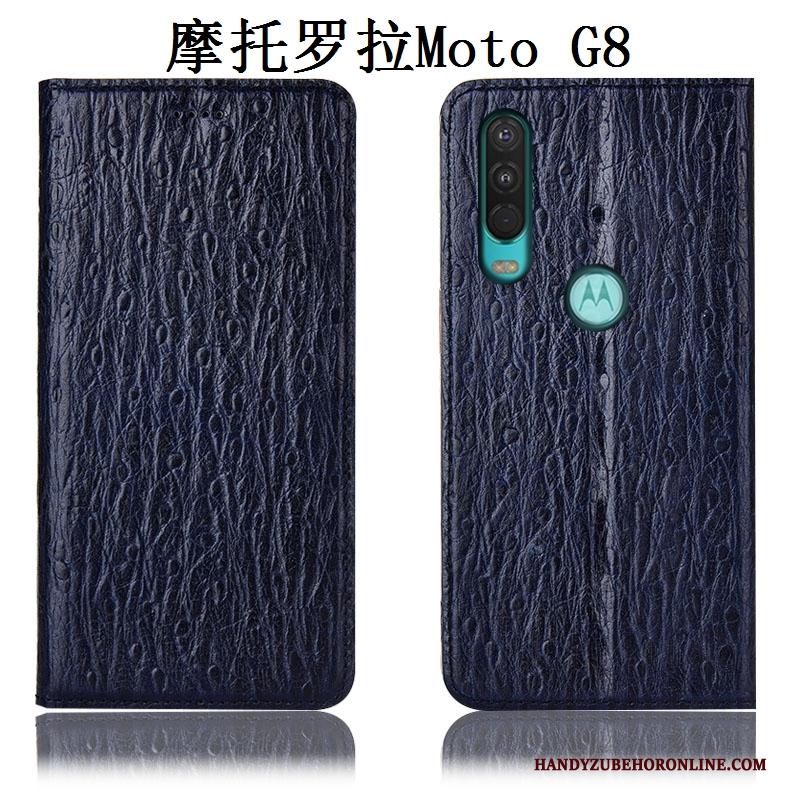 Moto G8 Donkerblauw Vogel Hoesje Telefoon Anti-fall All Inclusive Echt Leer Bescherming