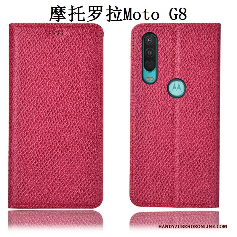 Moto G8 Echt Leer Anti-fall Leren Etui Mesh Zwart Patroon Hoesje Telefoon