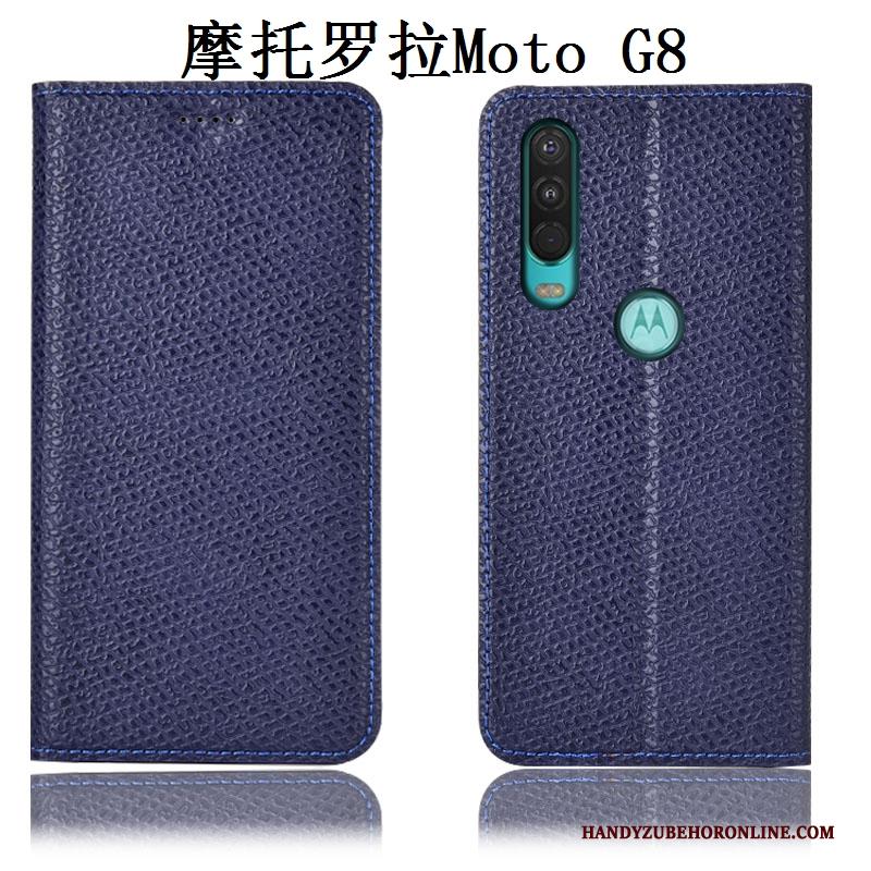 Moto G8 Echt Leer Anti-fall Leren Etui Mesh Zwart Patroon Hoesje Telefoon