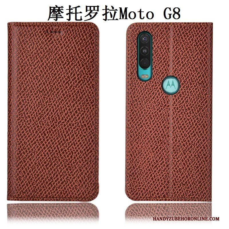 Moto G8 Echt Leer Anti-fall Leren Etui Mesh Zwart Patroon Hoesje Telefoon