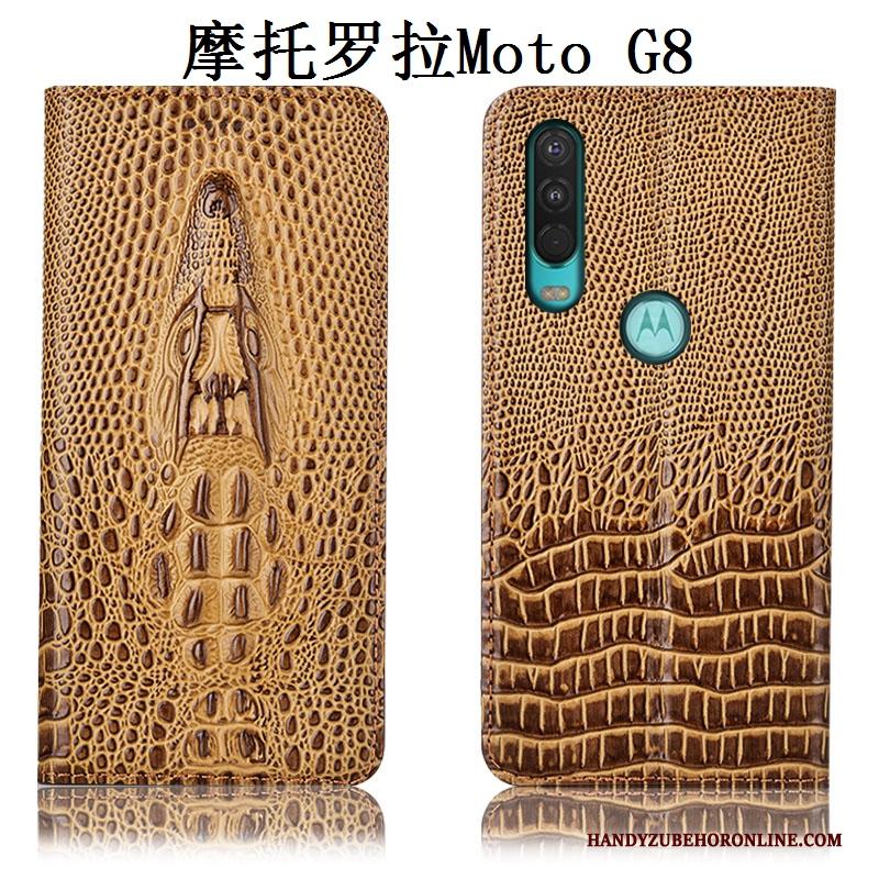 Moto G8 Hoes Echt Leer Anti-fall All Inclusive Geel Hoesje Telefoon Bescherming