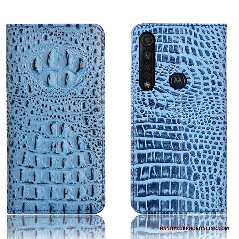 Moto G8 Plus Folio Leren Etui Hoesje Telefoon Anti-fall Blauw Bescherming Krokodil