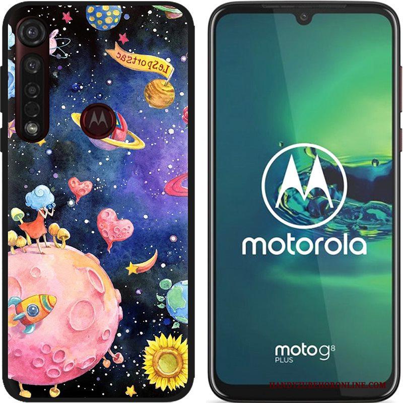 Moto G8 Plus Hoesje Pu Spotprent Hete Verkoop Zwart Zacht Schrobben Scheppend