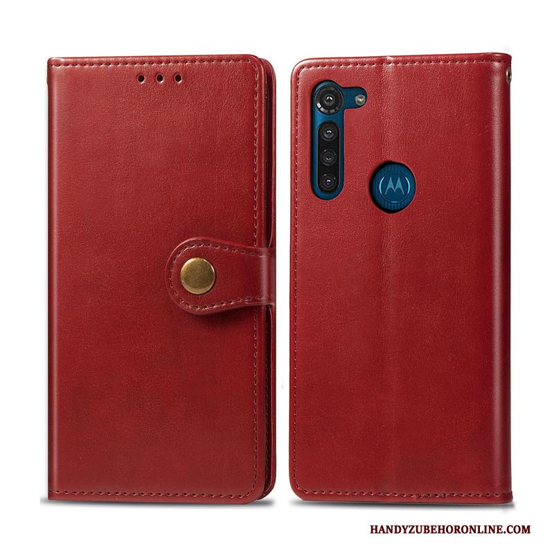 Moto G8 Power Hoesje Telefoon Effen Kleur Eenvoudige Bedrijf Hanger Leren Etui Rood