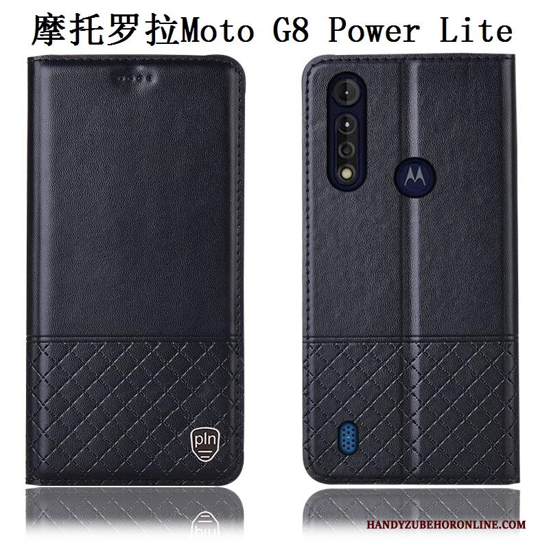 Moto G8 Power Lite Blauw Hoesje Telefoon Leren Etui Echt Leer Anti-fall