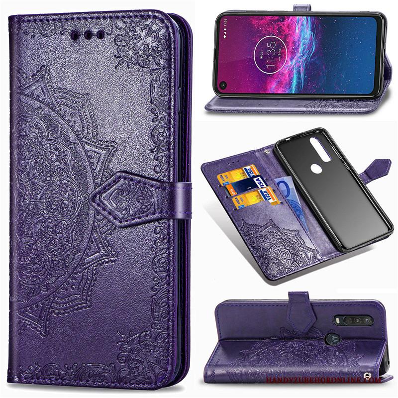 Motorola One Action Hoesje Telefoon Kunstleer Leren Etui Reliëf Folio Bescherming Zwart