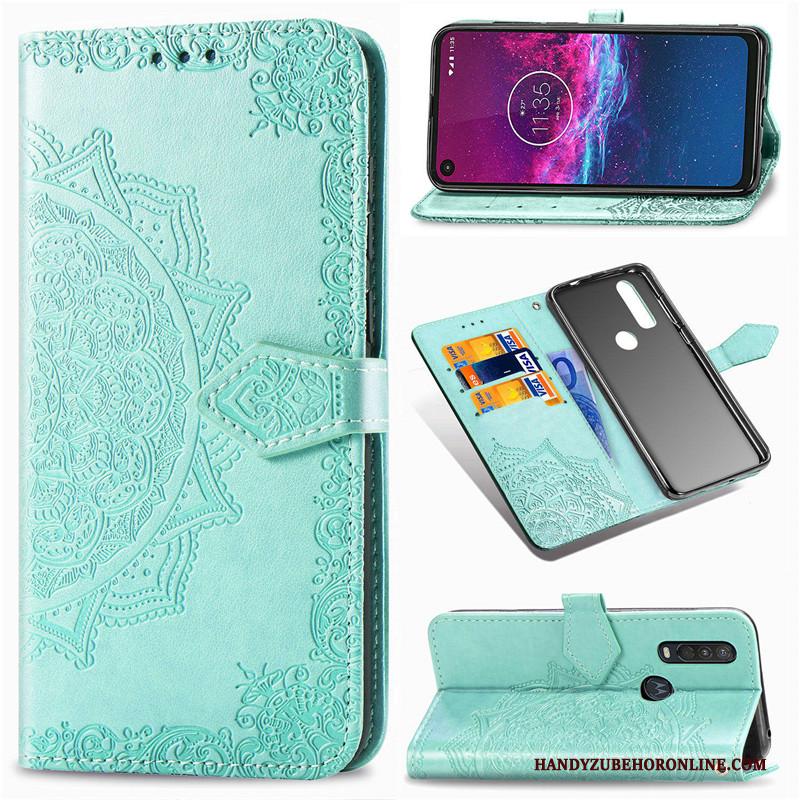 Motorola One Action Hoesje Telefoon Kunstleer Leren Etui Reliëf Folio Bescherming Zwart