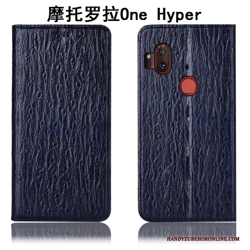 Motorola One Hyper Hoesje Folio Echt Leer Donkerblauw Bescherming Vogel Anti-fall Hoes