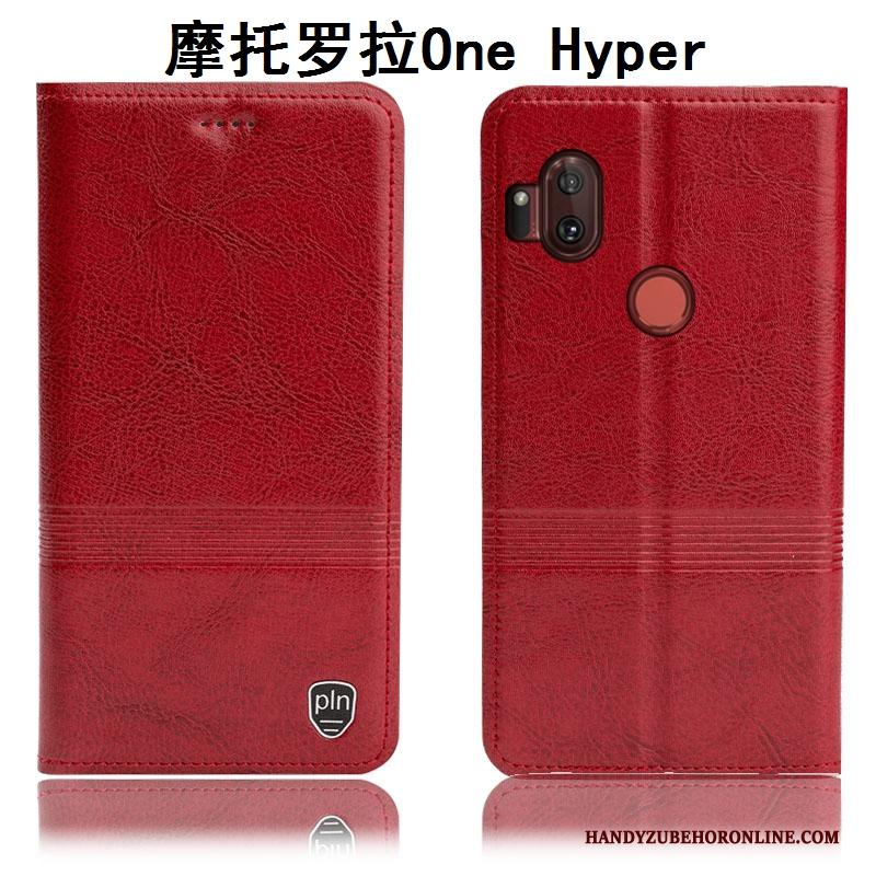 Motorola One Hyper Hoesje Telefoon Bescherming Echt Leer Rood Folio Anti-fall