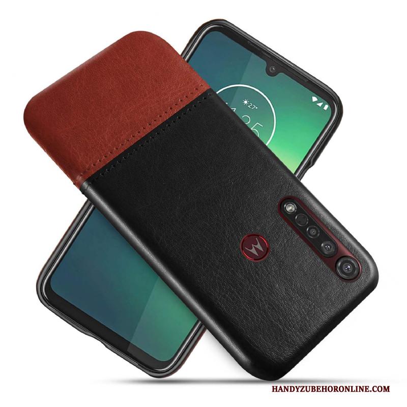 Motorola One Macro Bescherming Hoesje Telefoon Twee Kleuren Scheppend Zwart Bedrijf Leren Etui