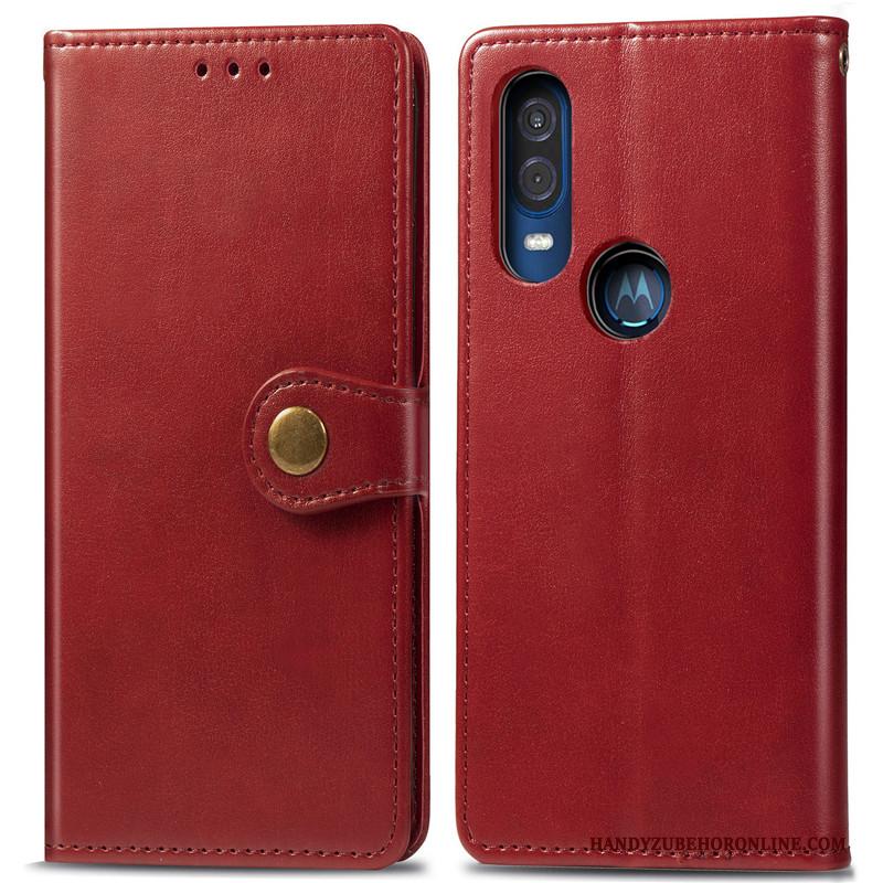 Motorola One Vision Effen Kleur Rood Folio Eenvoudige Hoesje Telefoon Bescherming