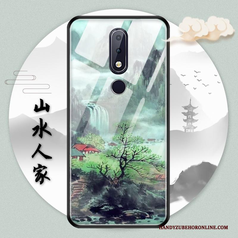 Nokia 5.1 Plus Hoesje Groen Inkt Glas Chinese Stijl Bescherming Vintage