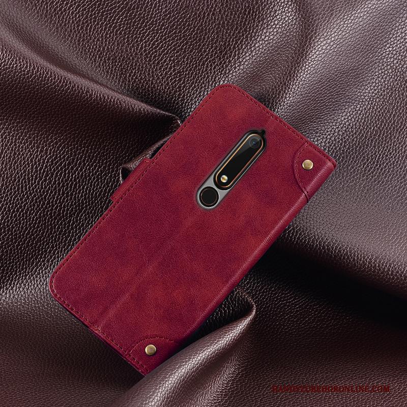 Nokia 6.1 Hoesje Mobiele Telefoon Scheppend Portemonnee Folio Leren Etui Rood Hoes