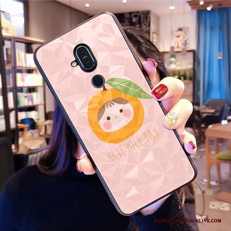 Nokia 8.1 Hanger Mooie Hoes Oranje Hoesje Telefoon Ruit Patroon