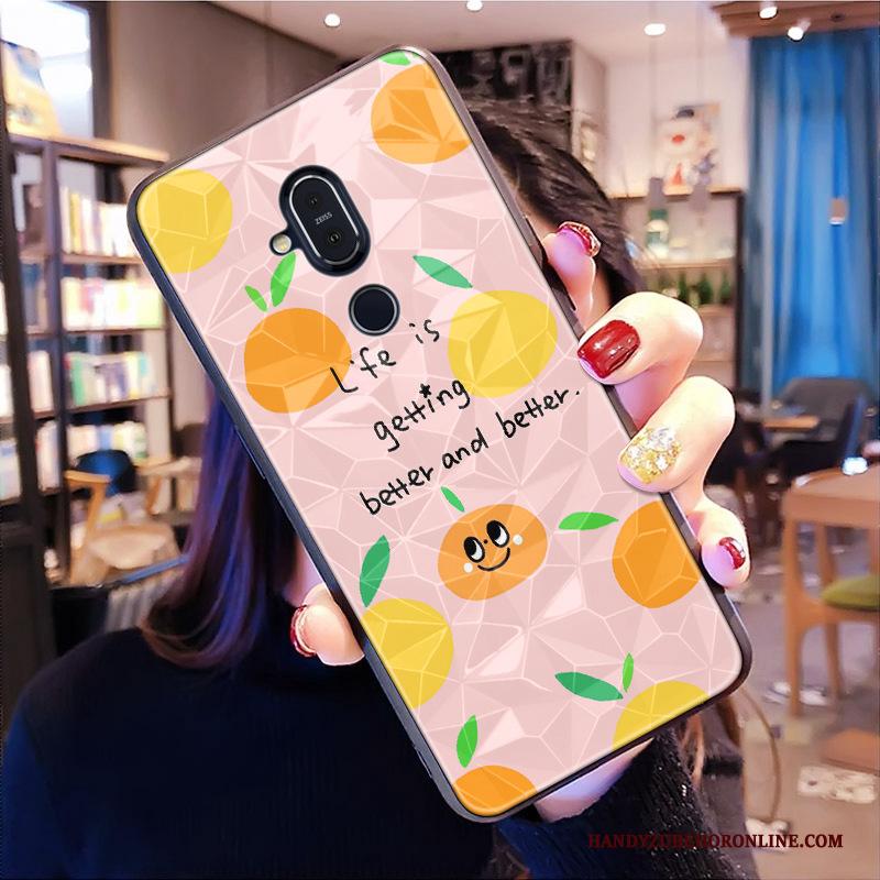 Nokia 8.1 Hanger Mooie Hoes Oranje Hoesje Telefoon Ruit Patroon