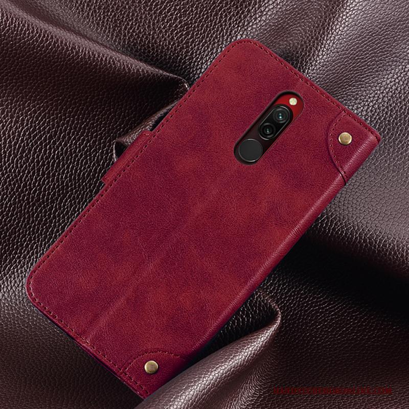 Redmi 8 Bescherming Siliconen Leren Etui Kaart Hoesje Telefoon Rood Portemonnee