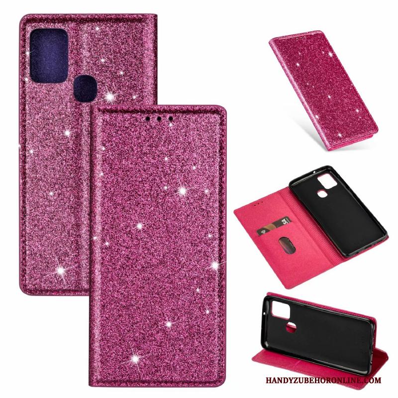 Samsung Galaxy A21s Ster Clamshell Hoesje Telefoon Leren Etui Roze Klittenband Zwart