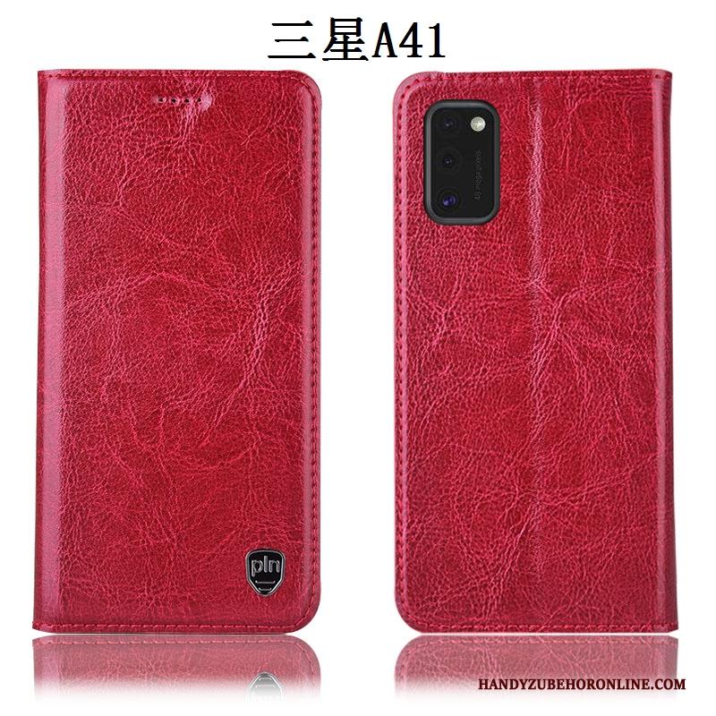 Samsung Galaxy A41 Bescherming Hoesje Telefoon Leren Etui Ster Rood Folio Anti-fall