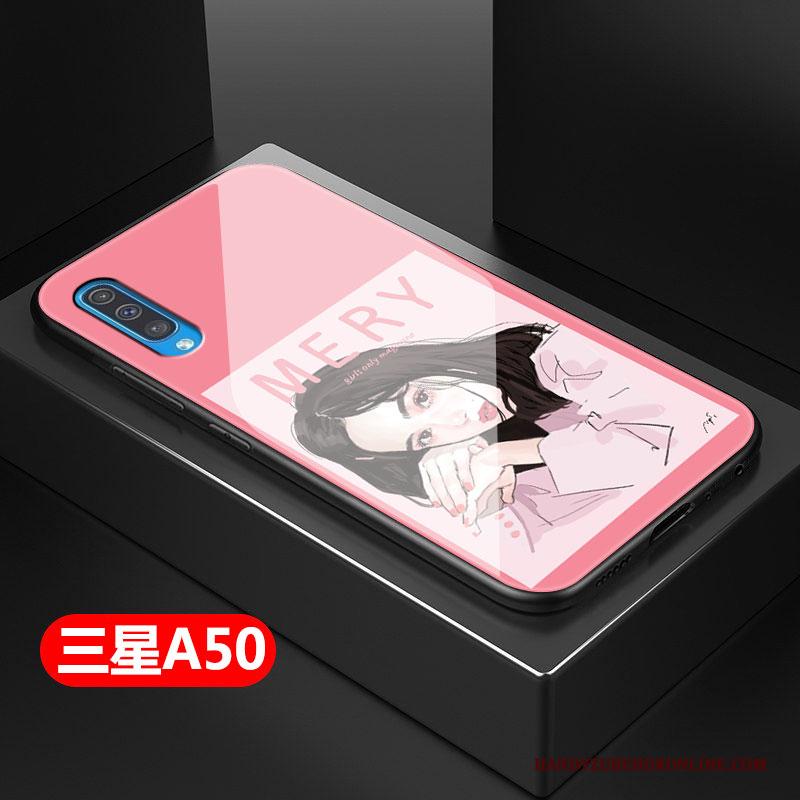 Samsung Galaxy A50 Hoesje Glas Hard Siliconen Telefoon Roze Ster