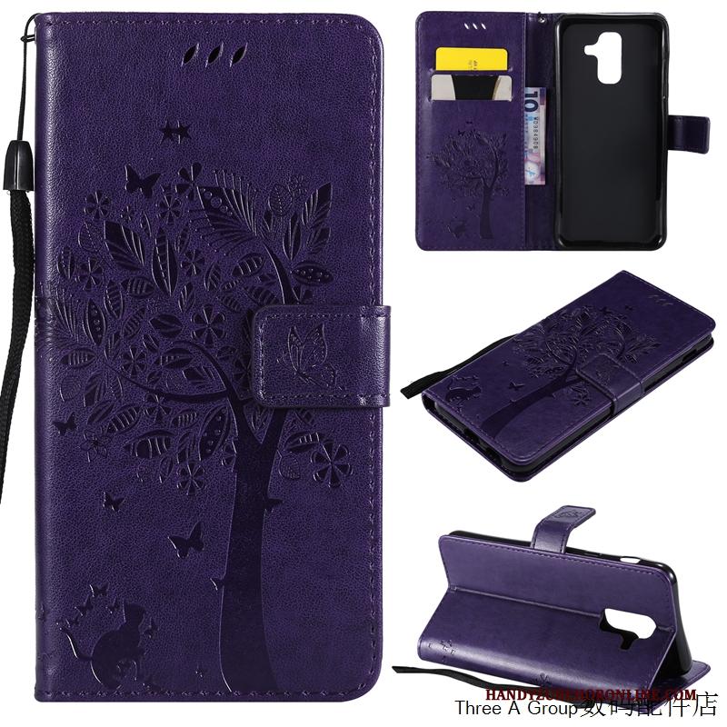 Samsung Galaxy A6+ Hoesje Telefoon Leren Etui Mobiele Telefoon Ster Bescherming Folio Purper