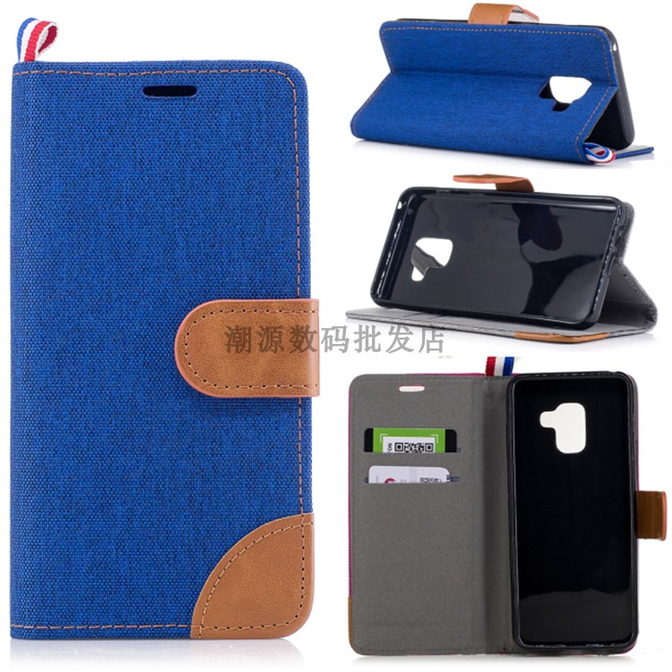 Samsung Galaxy A8 2018 Kaart Leren Etui Hoesje Telefoon Denim Folio Anti-fall Ster