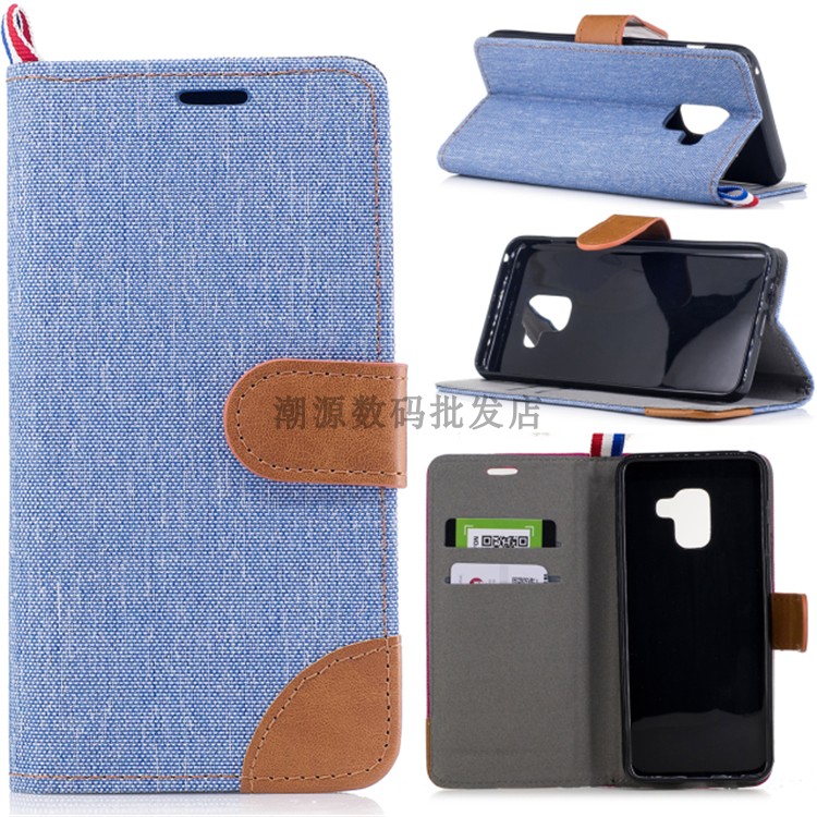 Samsung Galaxy A8 2018 Kaart Leren Etui Hoesje Telefoon Denim Folio Anti-fall Ster