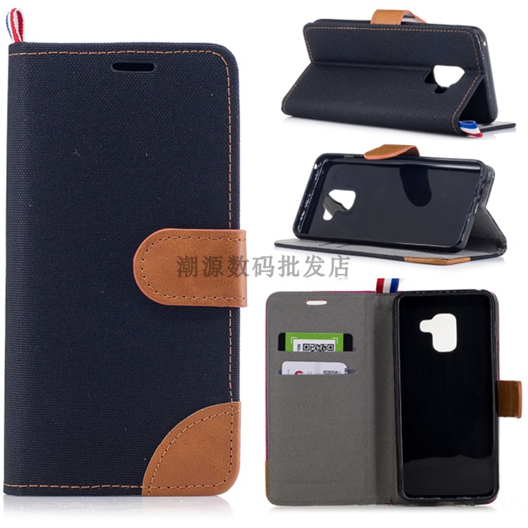 Samsung Galaxy A8 2018 Kaart Leren Etui Hoesje Telefoon Denim Folio Anti-fall Ster