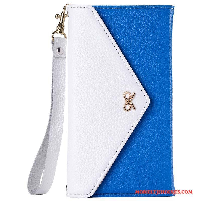 Samsung Galaxy A8 Hoesje Bescherming Echt Leer Eenvoudige Blauw Tas Hanger Mode