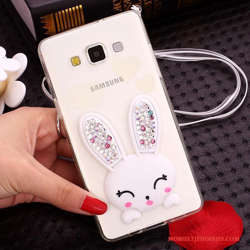 Samsung Galaxy J7 2015 Hoesje Telefoon Pompom Groen Konijn Siliconen Met Strass Bescherming