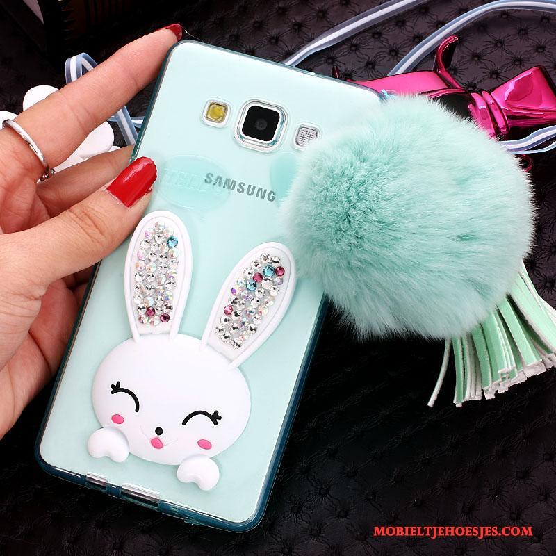 Samsung Galaxy J7 2015 Hoesje Telefoon Pompom Groen Konijn Siliconen Met Strass Bescherming