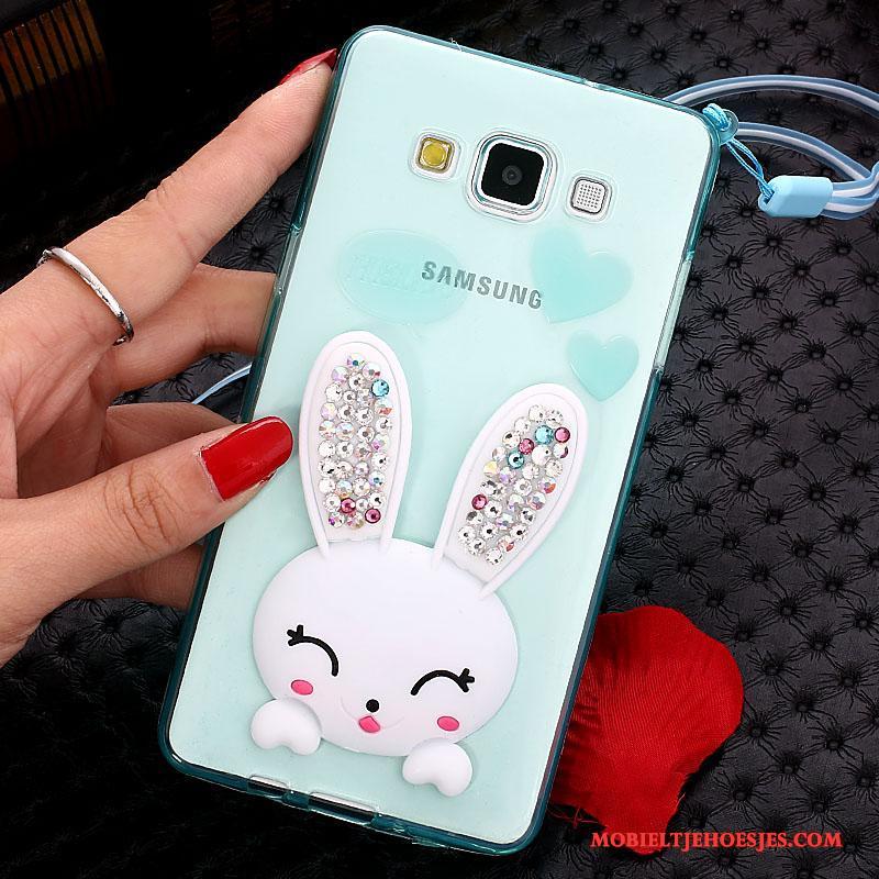 Samsung Galaxy J7 2015 Hoesje Telefoon Pompom Groen Konijn Siliconen Met Strass Bescherming