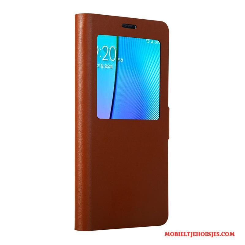 Samsung Galaxy Note 5 Bescherming Hoesje Telefoon Ster Echt Leer Clamshell Oranje Leren Etui