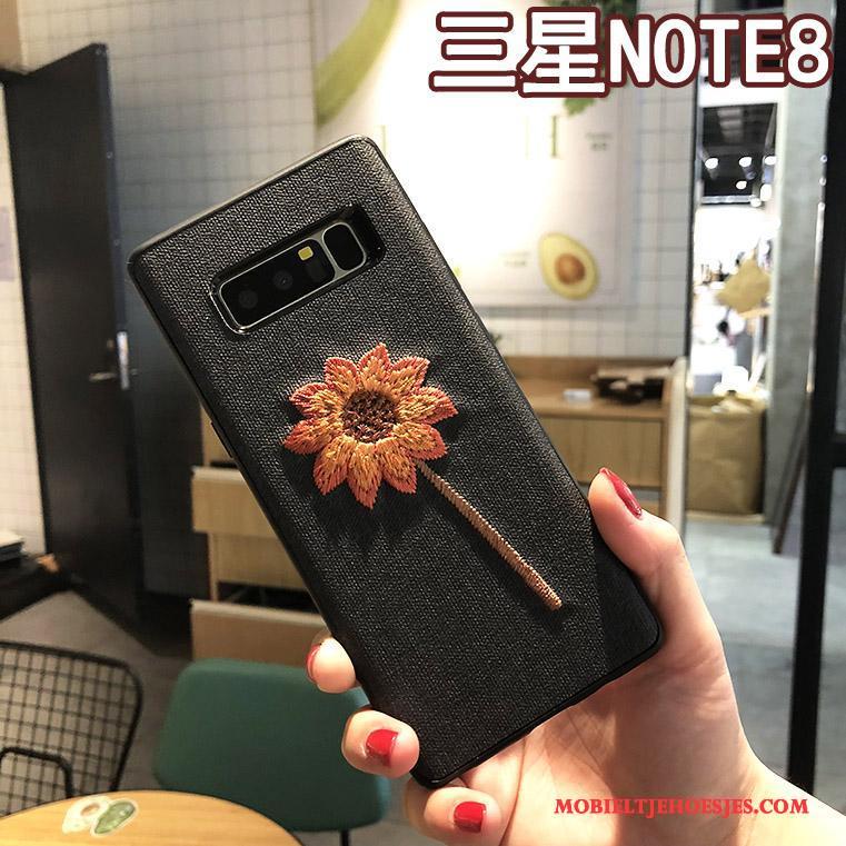 Samsung Galaxy Note 8 Zwart Borduurwerk Hoesje Grijs Telefoon Ster Bescherming