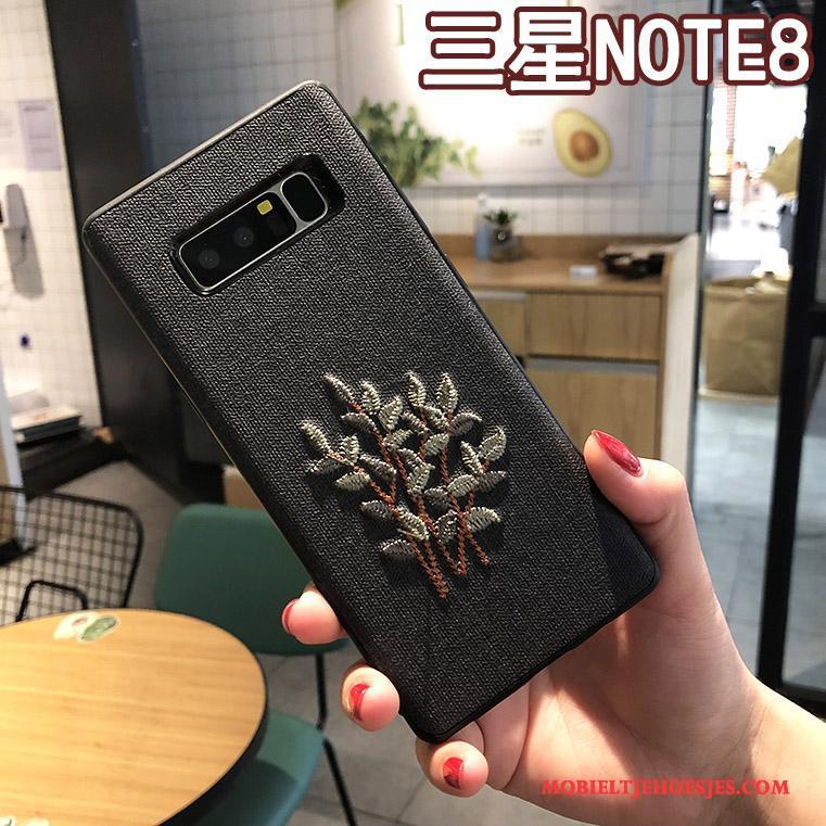 Samsung Galaxy Note 8 Zwart Borduurwerk Hoesje Grijs Telefoon Ster Bescherming