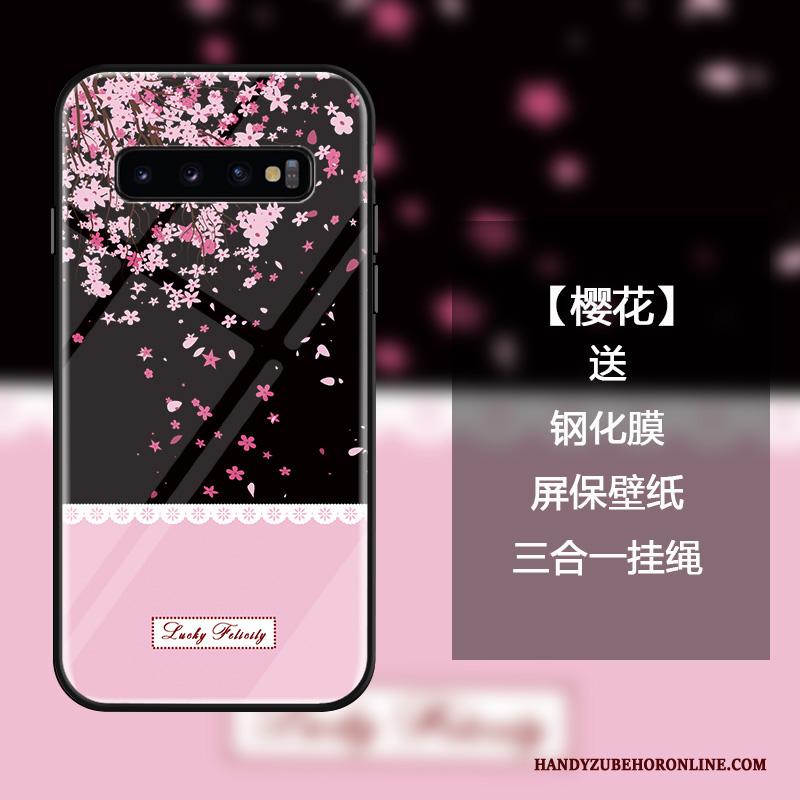 Samsung Galaxy S10 Hoesje Telefoon Scheppend Zwart Gehard Glas Persoonlijk Roze Hanger