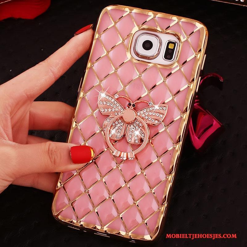 Samsung Galaxy S6 Edge Ster Bescherming Met Strass Hoes Ring Roze Hoesje