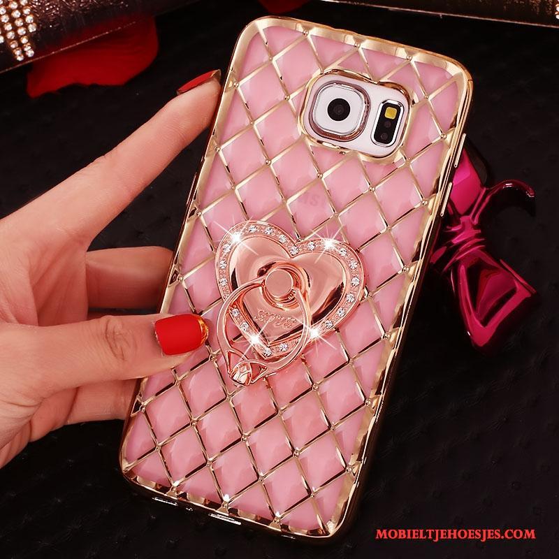 Samsung Galaxy S6 Edge Ster Bescherming Met Strass Hoes Ring Roze Hoesje