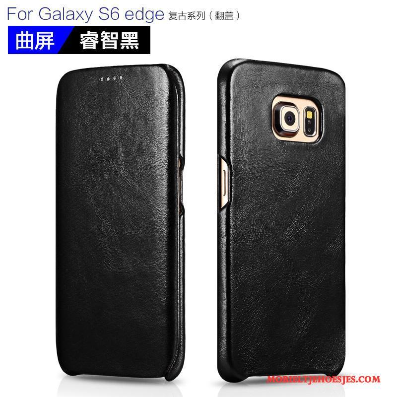 Samsung Galaxy S6 Edge Ster Hoesje Bescherming Zwart Folio Leren Etui Mobiele Telefoon