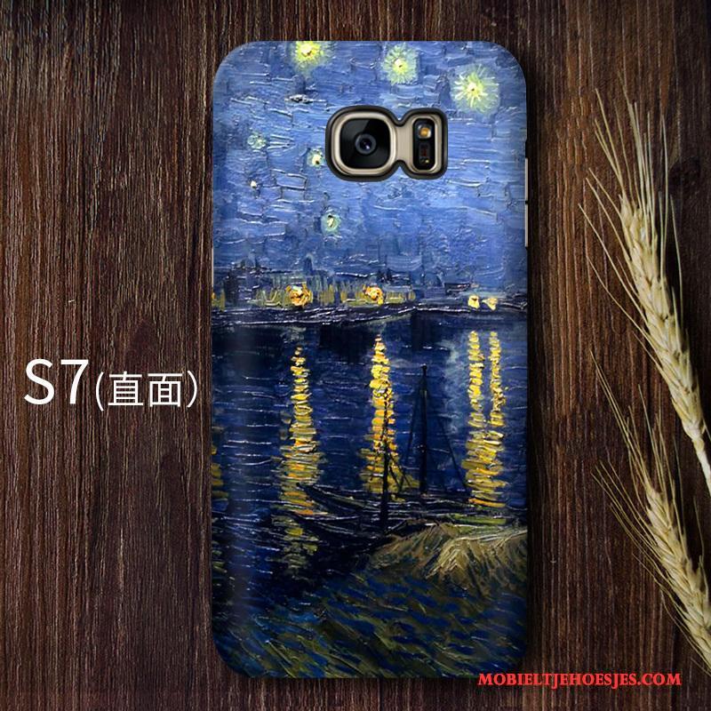 Samsung Galaxy S7 Hoesje Telefoon Hard Bescherming Geel Sterrenhemel Vintage Kunst