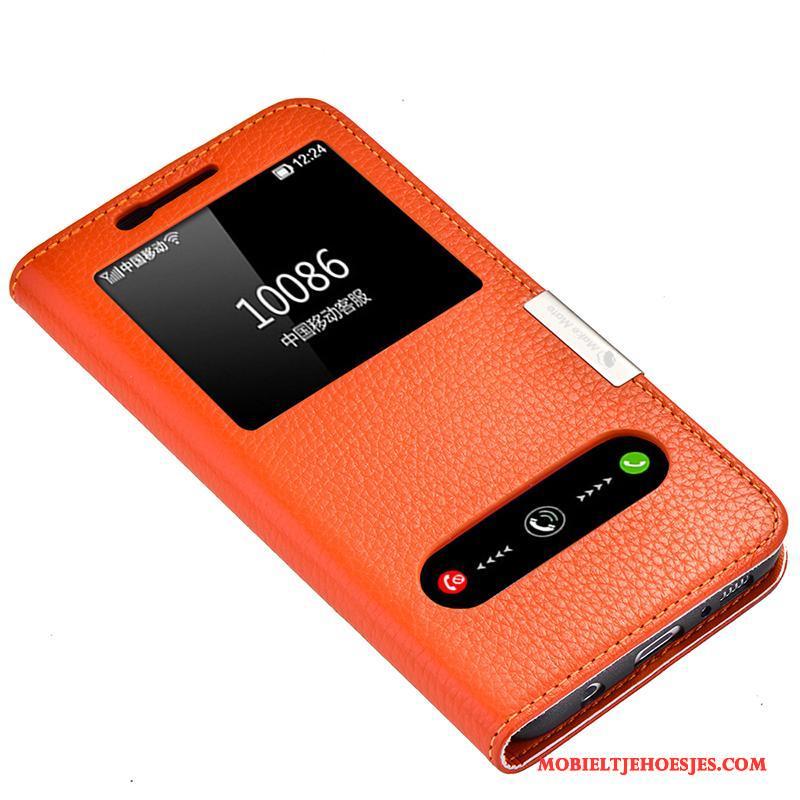 Samsung Galaxy S8 Hoesje Bescherming Hoes Oranje Echt Leer Ster Clamshell Leren Etui