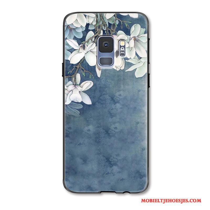 Samsung Galaxy S9+ Anti-fall Bloemen Hoesje Telefoon Mode Reliëf Lichtblauw Eenvoudige