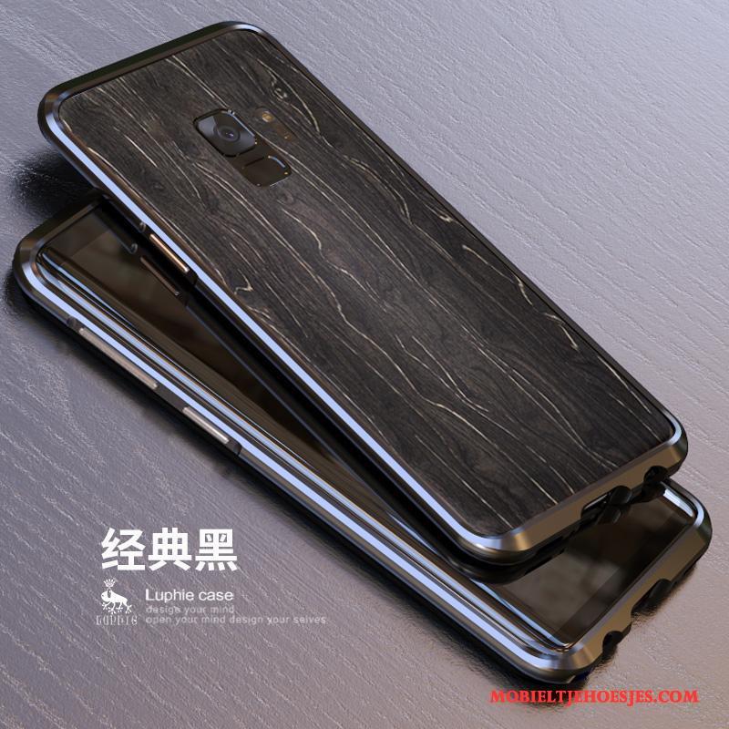 Samsung Galaxy S9+ Hoesje Telefoon Metaal Hout Achterklep Blauw Omlijsting Bescherming