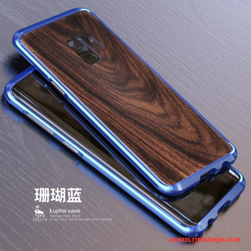 Samsung Galaxy S9+ Hoesje Telefoon Metaal Hout Achterklep Blauw Omlijsting Bescherming