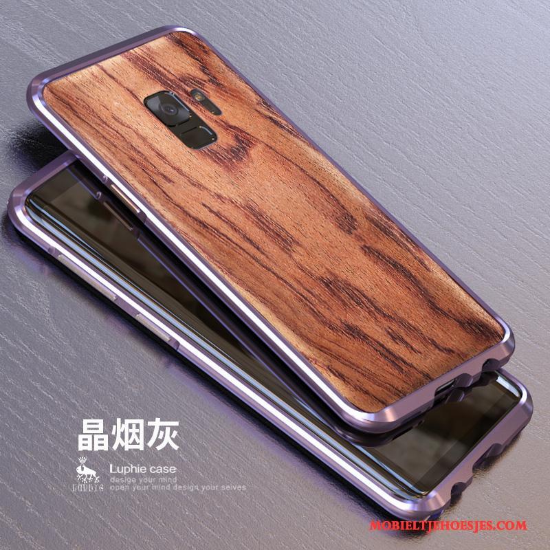 Samsung Galaxy S9+ Hoesje Telefoon Metaal Hout Achterklep Blauw Omlijsting Bescherming