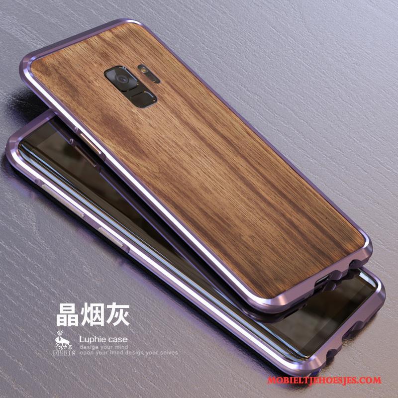 Samsung Galaxy S9+ Hoesje Telefoon Metaal Hout Achterklep Blauw Omlijsting Bescherming