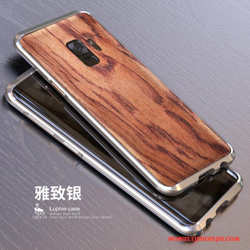 Samsung Galaxy S9+ Hoesje Telefoon Metaal Hout Achterklep Blauw Omlijsting Bescherming