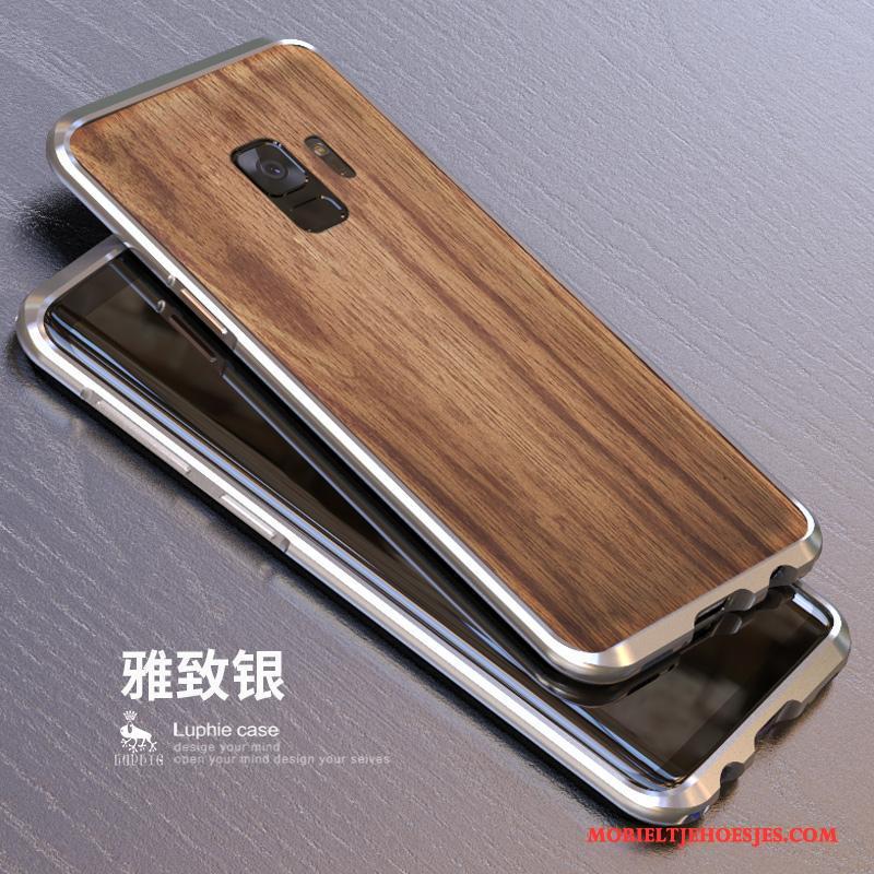 Samsung Galaxy S9+ Hoesje Telefoon Metaal Hout Achterklep Blauw Omlijsting Bescherming