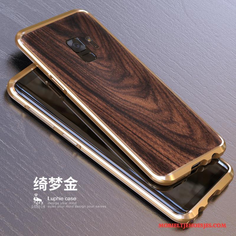 Samsung Galaxy S9+ Hoesje Telefoon Metaal Hout Achterklep Blauw Omlijsting Bescherming