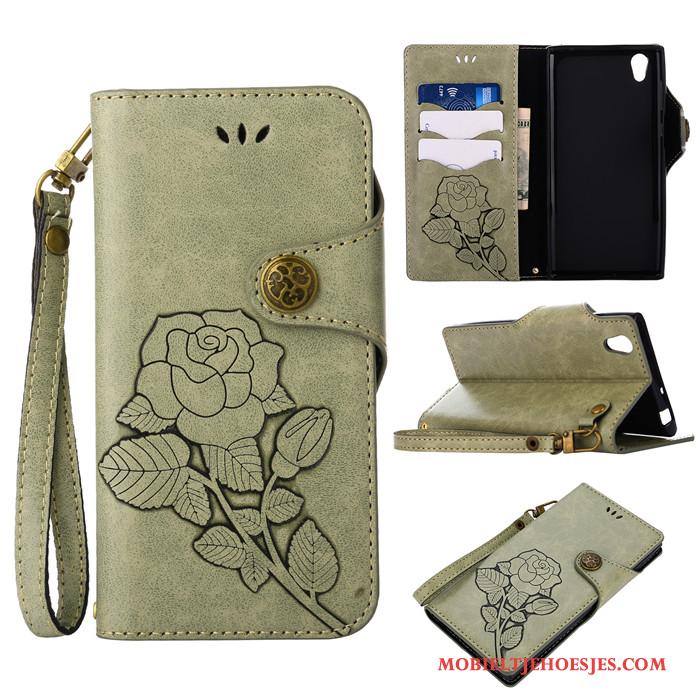 Sony Xperia L1 Hoesje Hanger Mobiele Telefoon Folio Anti-fall Groen Leren Etui Hoes