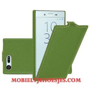 Sony Xperia X Compact Bescherming Hoes Groen Echt Leer Leren Etui Hoesje Telefoon Folio